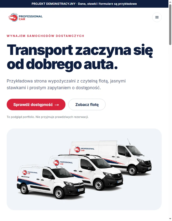 Strona ProfessionalCar na tablecie